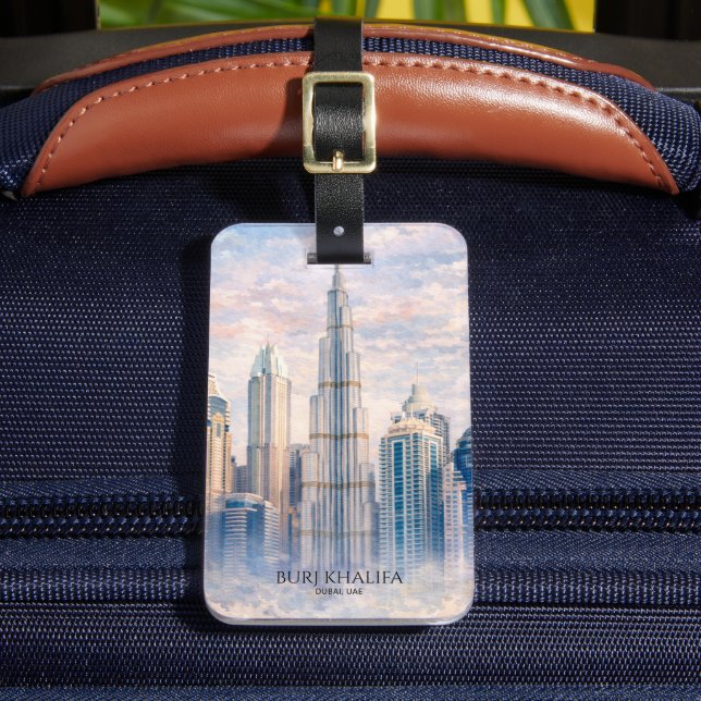 Dubai Burj Khalifa Lyx Stad Siluett Akvarell Bagagebricka (Framsida Insitu 2)