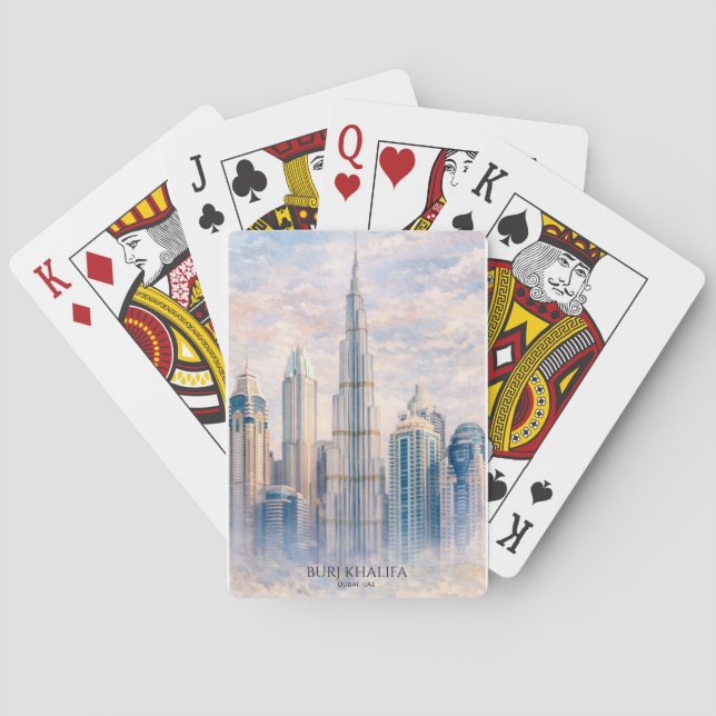 Dubai Burj Khalifa Lyxig Stad Siluett Akvarell Casinokort (Baksidan)