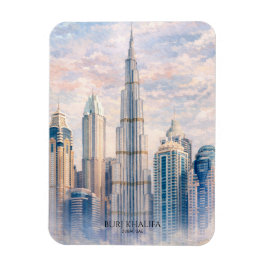 Dubai Burj Khalifa Lyxig Stad Siluett Akvarell Magnet