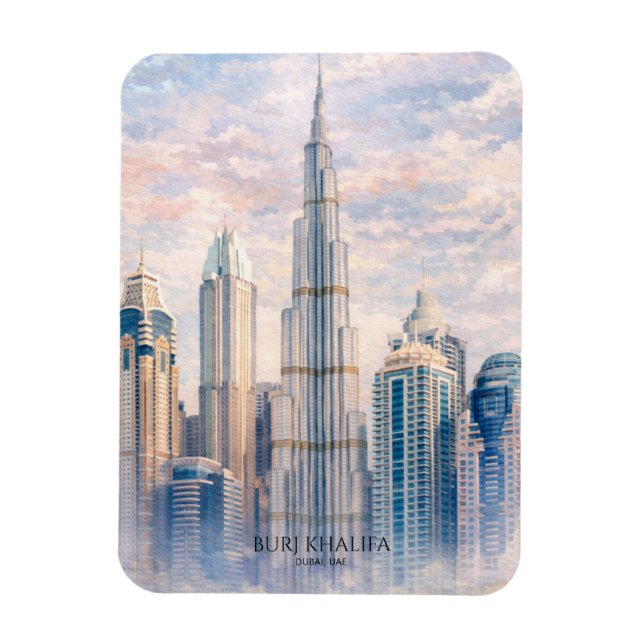 Dubai Burj Khalifa Lyxig Stad Siluett Akvarell Magnet (Vertikal)