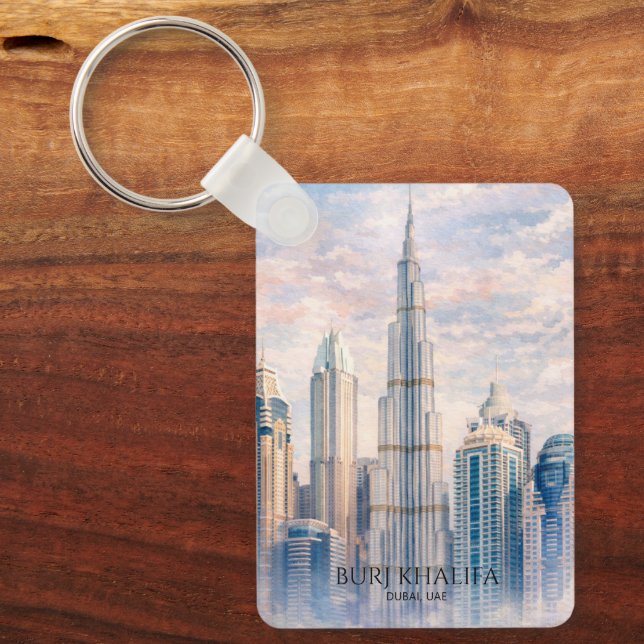Dubai Burj Khalifa Lyxig Stad Siluett Akvarell Nyckelring (Framsida)