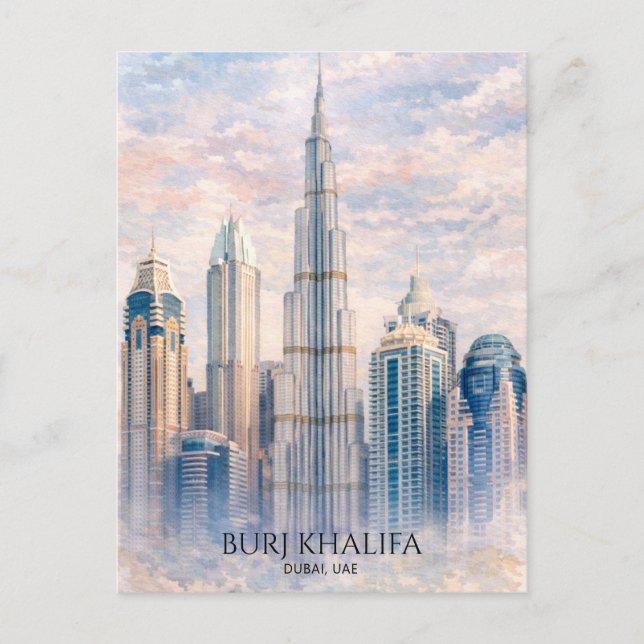 Dubai Burj Khalifa Lyxig Stad Siluett Vattenfärg Helg Vykort (Framsida)