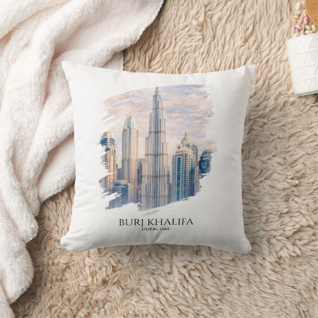 Dubai Burj Khalifa Lyxig Stad Siluett Vattenfärg Kudde (Filt)