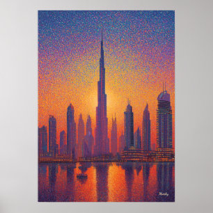 Dubai Burj Khalifa Pointillism Siluett Solnedgång Poster