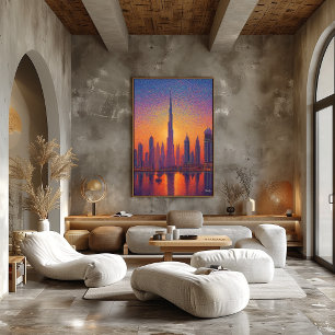 Dubai Burj Khalifa Punktualism Stadssiluett Solned Poster