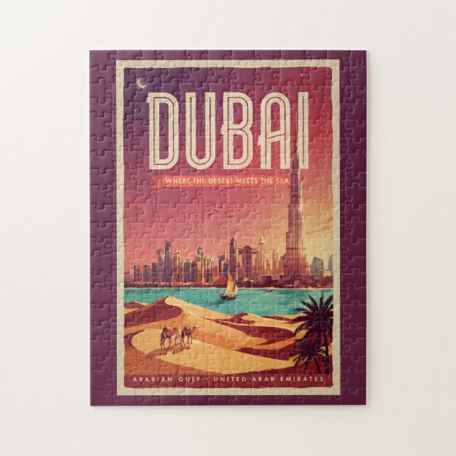 Dubai Förenade Arabemiraten Natt Siluett Illustrat Pussel (Vertikal)