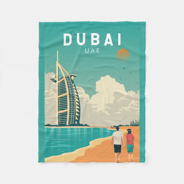Dubai Förenade Arabemiraten Retro Travel Art Fleecefilt (Framsidan)