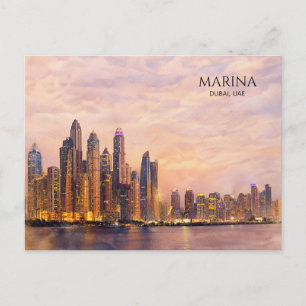Dubai Marina Skyline Akvarell Stadsljus Resa Helg Vykort