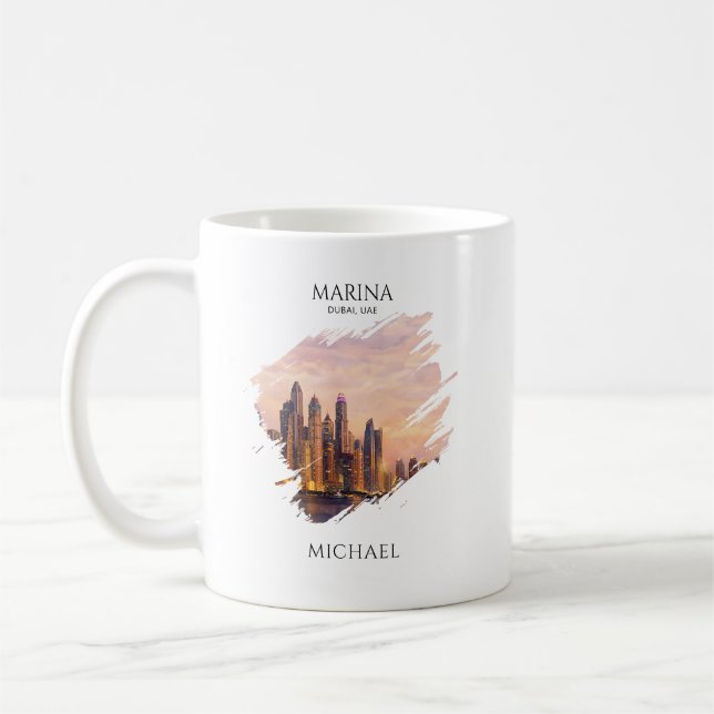 Dubai Marina Skyline Akvarell Stadsljus Resa Kaffemugg (Vänster)