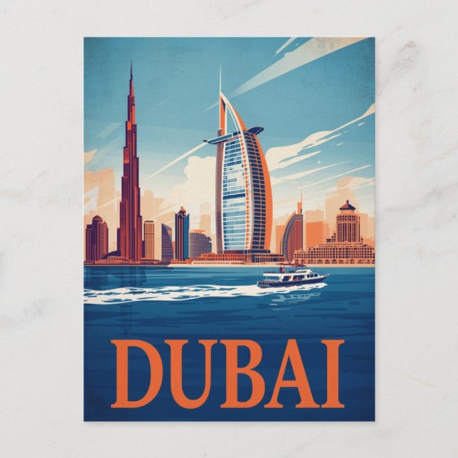 Dubai Marina Skyline & Båt Retro Vykort (Framsida)