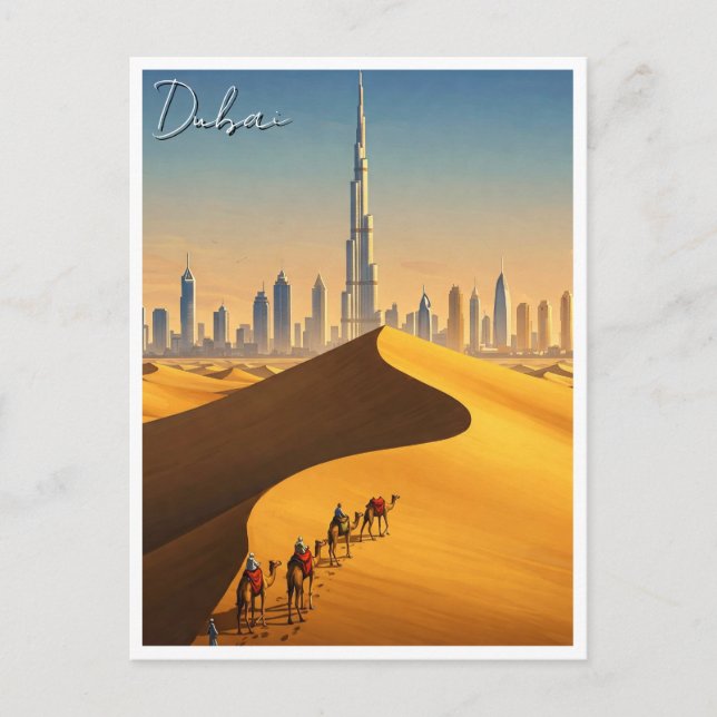 Dubai Skyline Desert Camels Travel Vykort (Framsida)