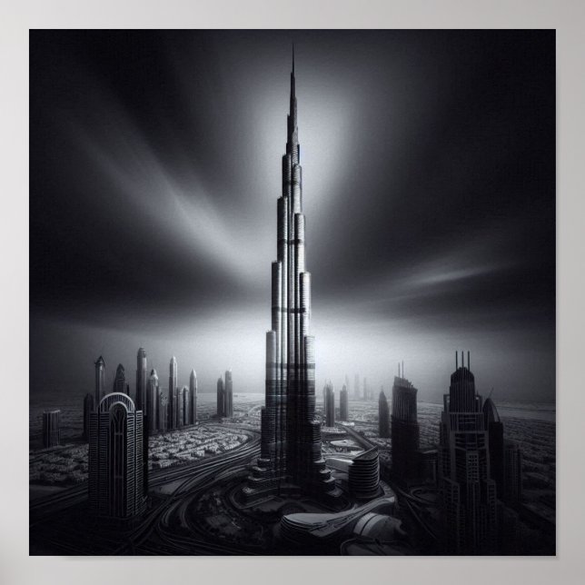 Dubai Skyline Majesty - Burj Khalifa i Monochrome Poster (Framsidan)