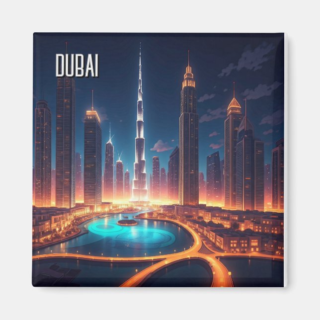 Dubai Skyline Night Travel Magnet (Framsidan)