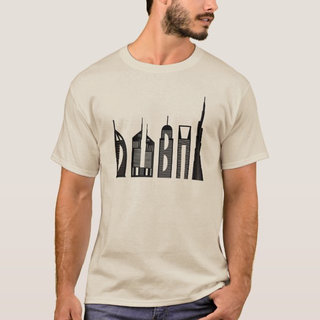 Dubai Skyline Souvenir berühmte Gebäude Typografie T Shirt (Framsida)