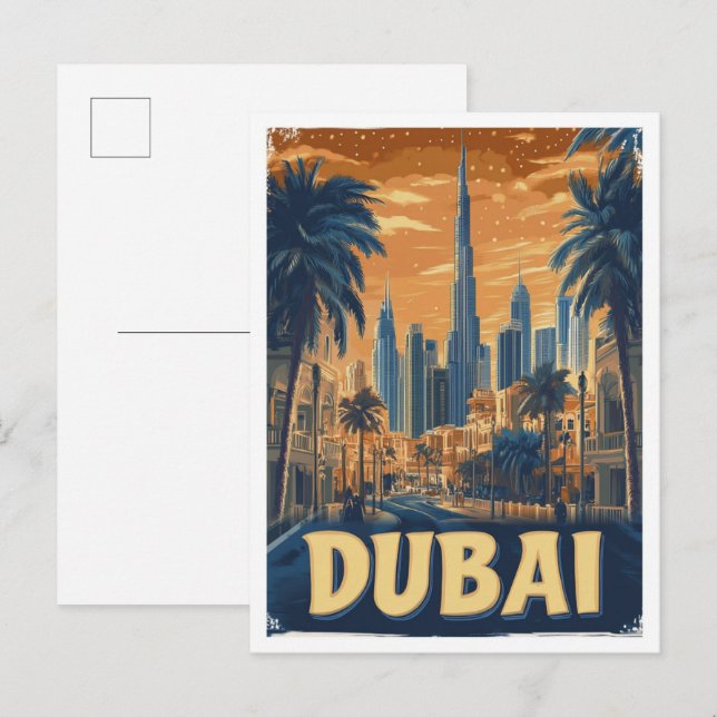 Dubai UAE Art Vintage Illustration Travel Vykort (Fram/baksida)
