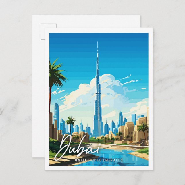 Dubai UAE vintage resor illustration Vykort (Fram/baksida)