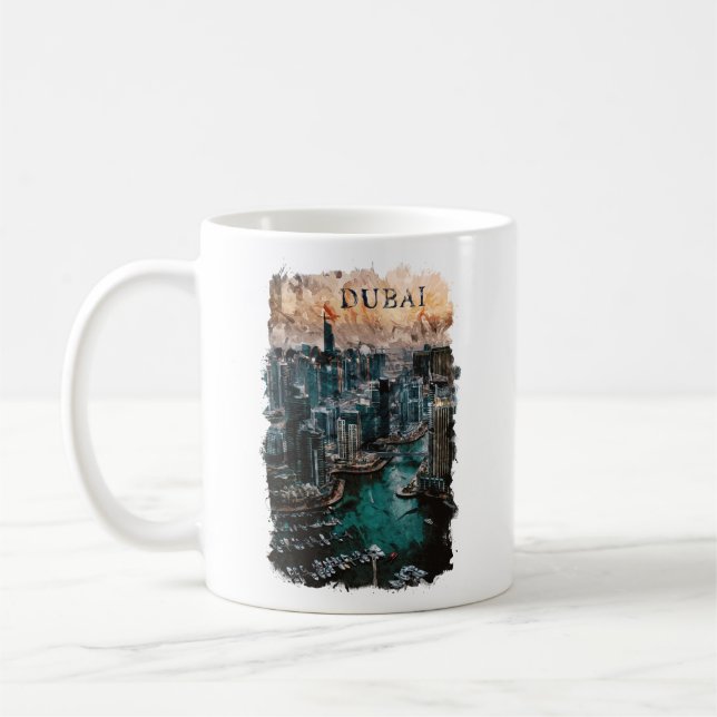 Dubai UAE Watercolor Skyline Kaffemugg (Vänster)