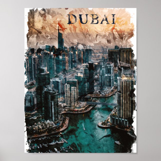Dubai UAE Watercolor Skyline Poster (Framsidan)