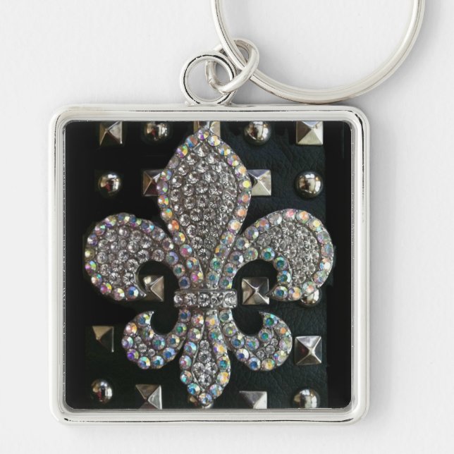 Dubbat fleur de lis tryckfodral fyrkantig silverfärgad nyckelring (Framsidan)