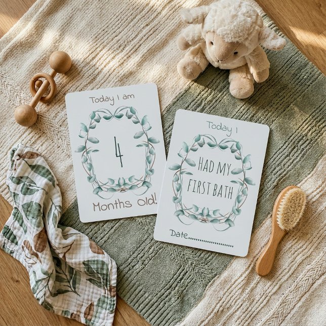 Dubbel blå Baby Milestone Card blomsterkant Inbjudningar (Double blue Baby Milestone Card floral border.)