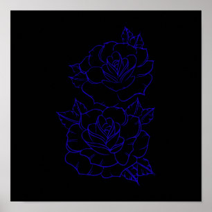 Dubbel blå ros linjärt tatueringdesign poster