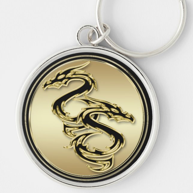 Dubbel drake högvärdiga Keychain Rund Silverfärgad Nyckelring (Framsidan)