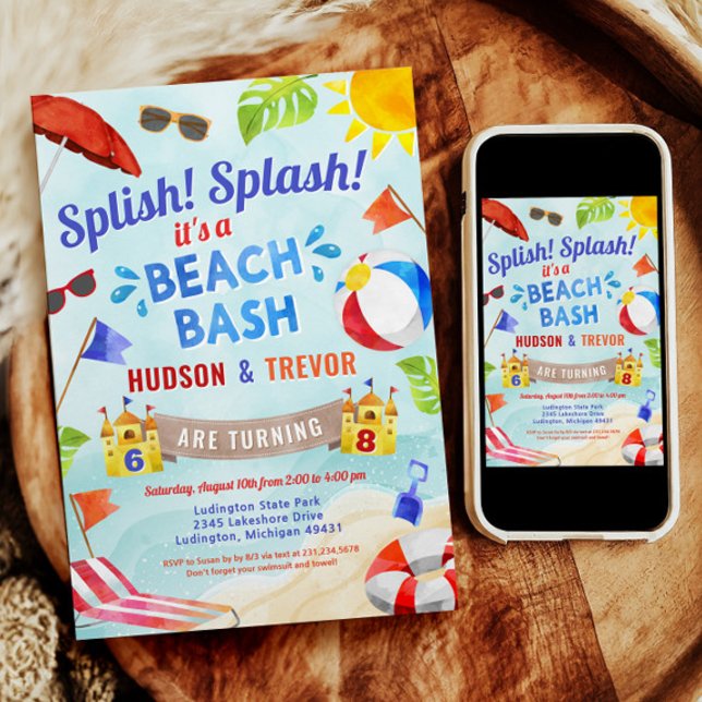 Dubbel Dubbla Beach Bash Sommardag Inbjudningar (Dual Joint Double Beach Bash Summer Boy Birthday Invitation)