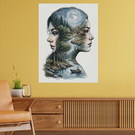 Dubbel Exponering Natur Silhuett Akvarell Poster