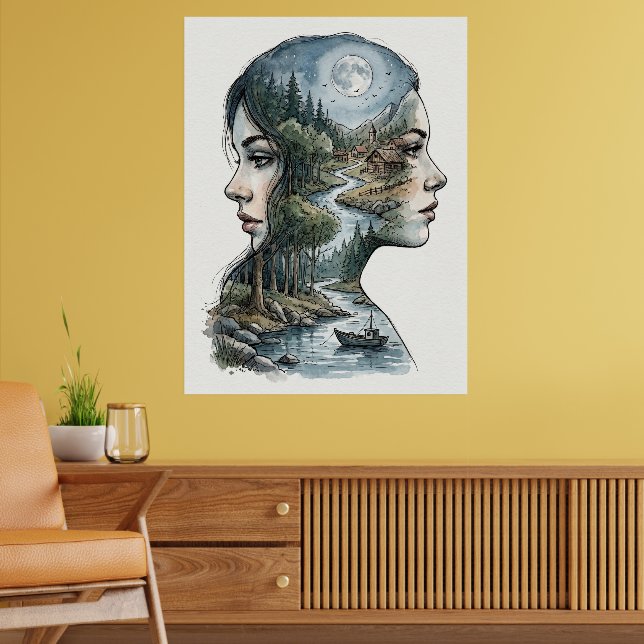 Dubbel Exponering Natur Silhuett Akvarell Poster (Vardagsrum 2)