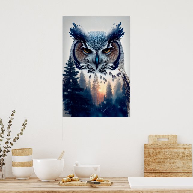 Dubbel exponering porträtt av uggla och trädgren poster (Kök)