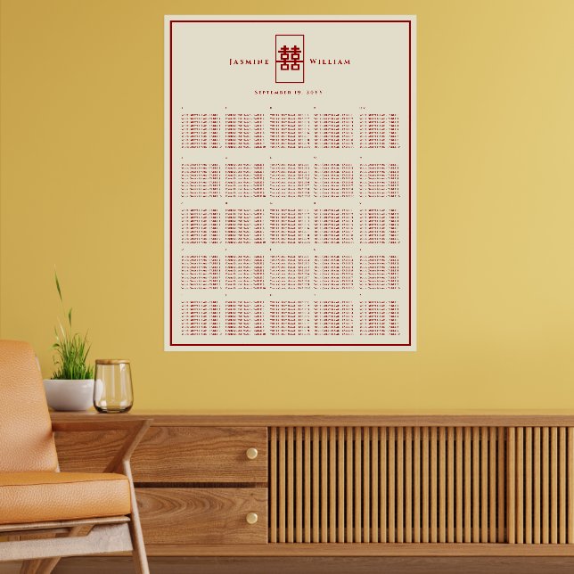 Dubbel Lycka 囍 Kinesisk Bröllopsplatskarta Poster (Vardagsrum 2)