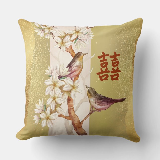 Dubbel Lycka Fåglar och Blommor Kudde (Framsida)