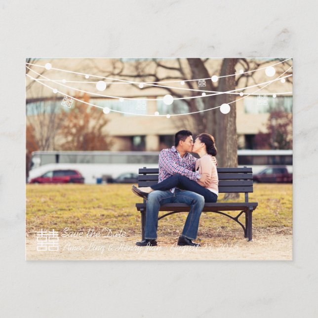 Dubbel Lycka Lyktor Bröllop Spara Datum Meddelande Vykort (Framsida)