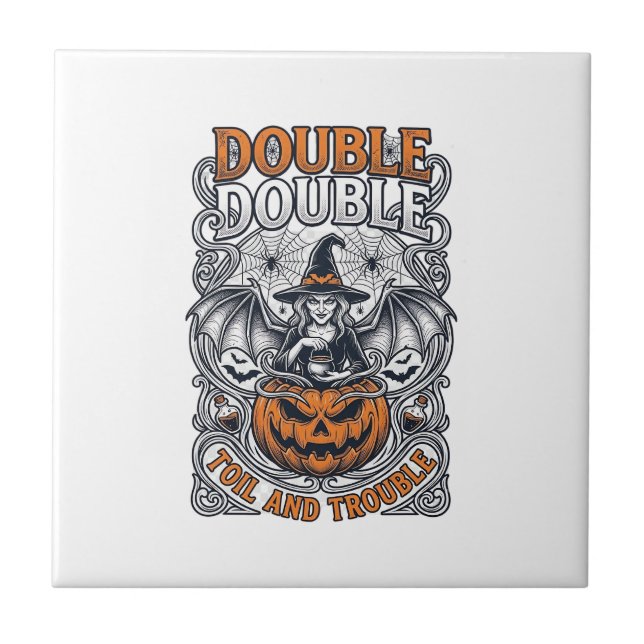 Dubbel möda besvär Häxa Pumpa Halloween Spindelnät Kakelplatta (Framsidan)