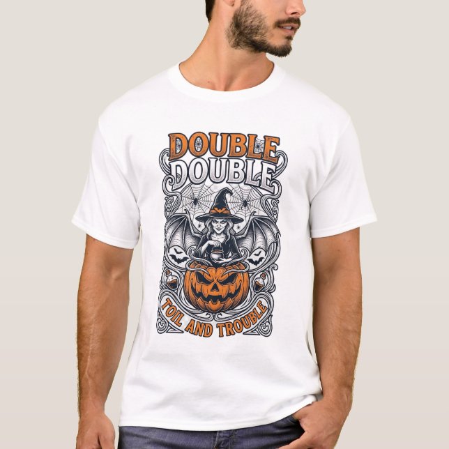 Dubbel möda besvär Häxa Pumpa Halloween Spindelnät T Shirt (Framsida)