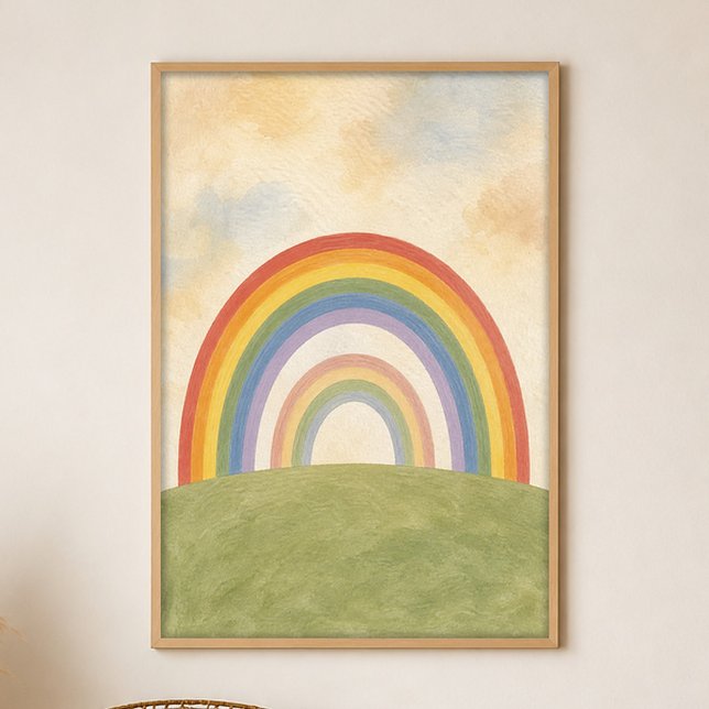 Dubbel Regnbåge Hill Gouache Boho Konstaffisch Poster (Shown framed for scale. Poster ships unframed; frames are an optional add-on.)