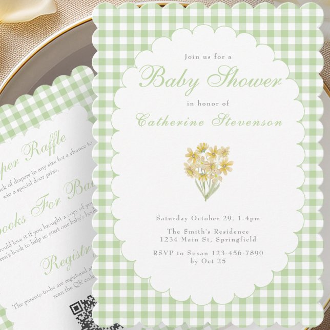 Dubbel Sided Baby Shower Inbjudan Gröna Blommor (Skapare uppladdad)