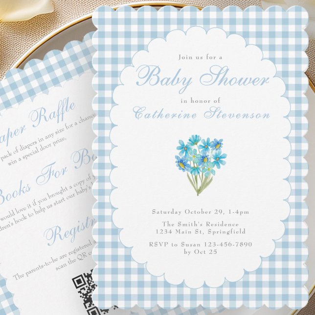 Dubbel Sidor Baby Shower Inbjudan Blå Blommor (Skapare uppladdad)