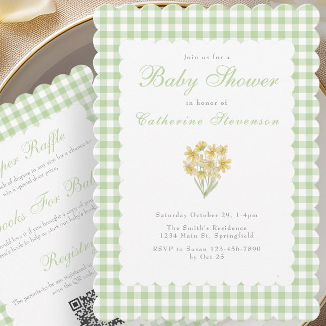 Dubbel Sidor Baby Shower Inbjudan Gröna Blommor (Skapare uppladdad)