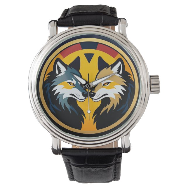 Dubbel Vargemblemlogotyp med gyllene cirkel Armbandsur (Framsida)