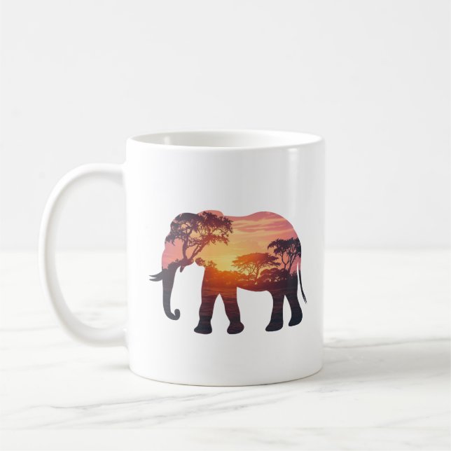 Dubbelexponerad Elefantsiluett Design – Savann Kaffemugg (Vänster)