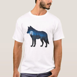 Dubbelexponerad vargsilhuett månljust och stjärnkl t shirt