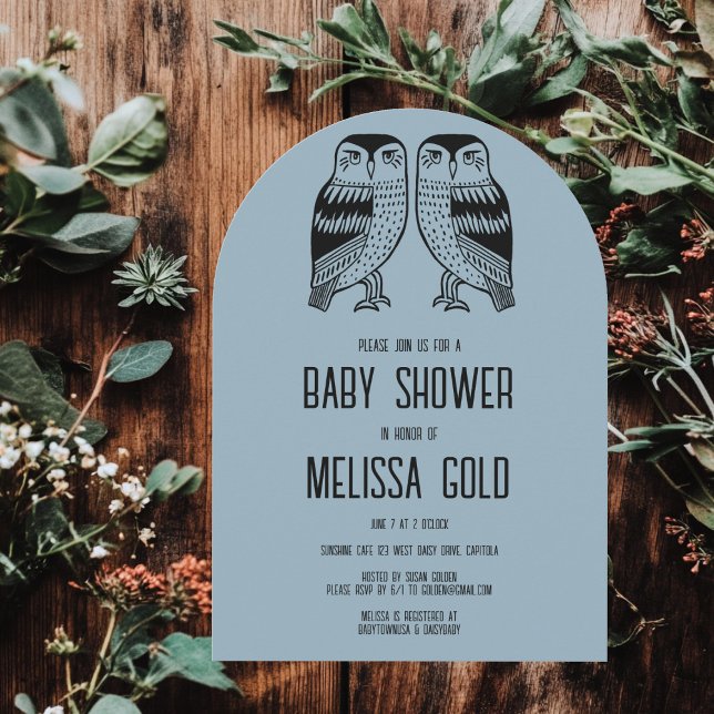 Dubbelpil i Uggla Cute Simple BABY SHOWER-ANPASSNI Inbjudningar (Twin Owls Cute Simple BABY SHOWER CUSTOM Arched Invitation
)