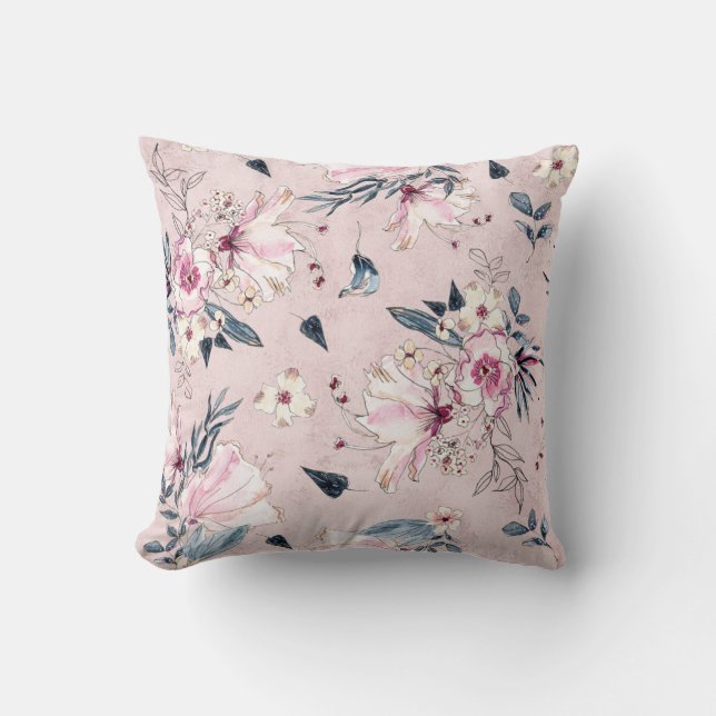 Dubbelsidig anpassad marinblå och rosa blommig kud kudde (Framsida)