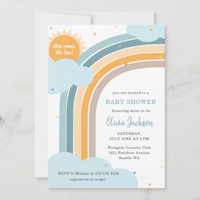 Dubbelsidig baby shower inbjudan med regnbåge, sol (Framsida)