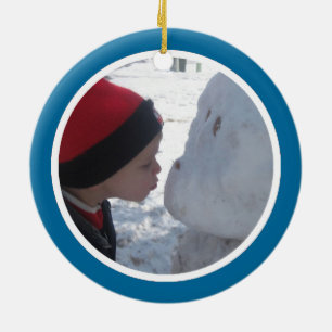 Dubbelsidig blått- och vitfotoram - julgransprydnad keramik