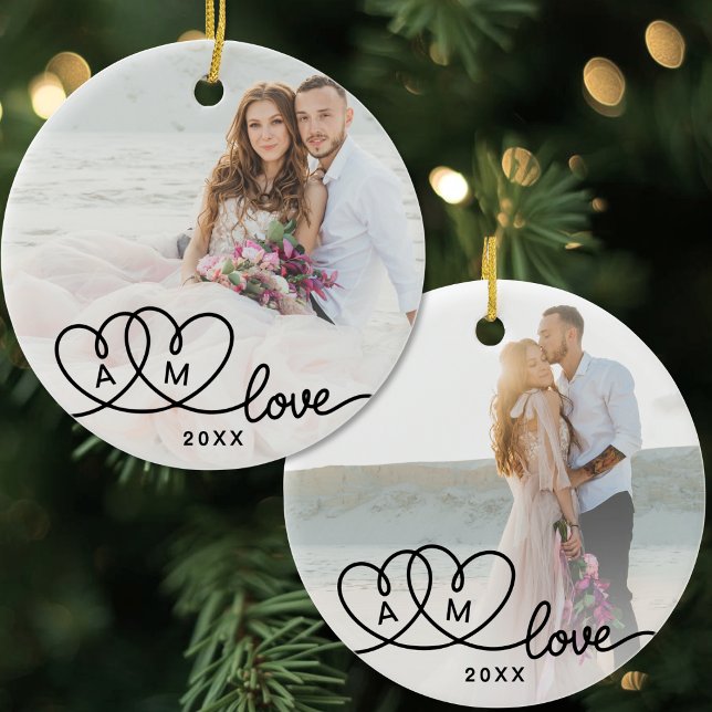 Dubbelsidig Två Foto Script Kärlek Julgransprydnad Keramik (Double Sided Two Photo Script Love Ceramic Ornament)