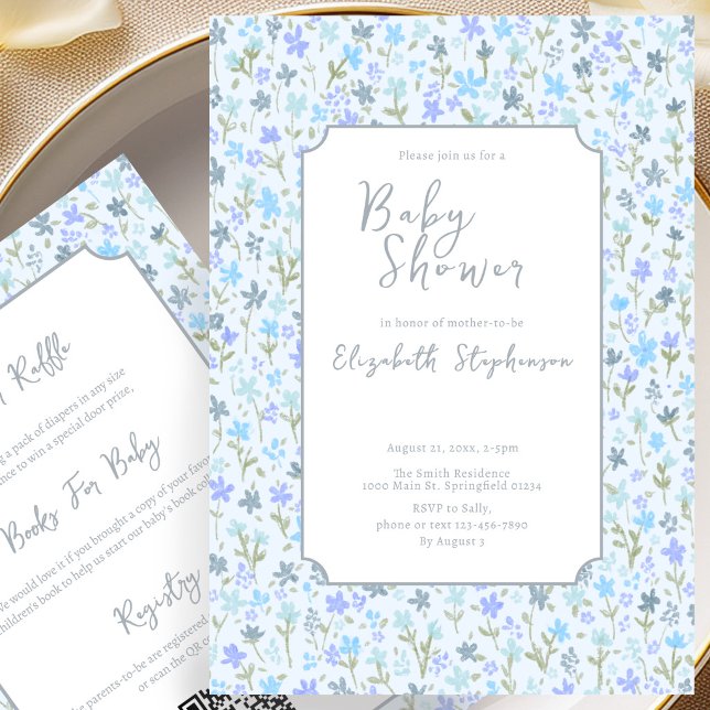 Dubbelsidigt Blått Blommigt Bebisbad Invitation Inbjudningar (Skapare uppladdad)