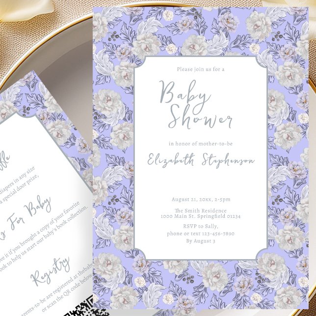Dubbelsidigt Blått Blommigt Bebisbad Invitation Inbjudningar (Skapare uppladdad)