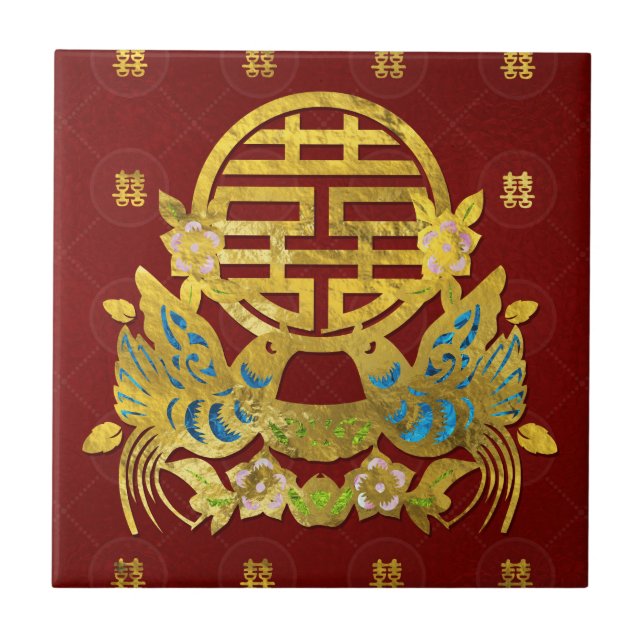 Dubbelt lyckasymbol för guld med fåglar kakelplatta (Framsidan)